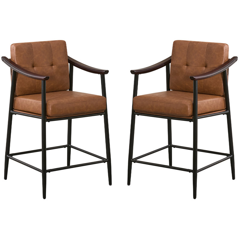 26-inch Medieval Style Bar Stool, Wooden Armrests, Sturdy Thickened Metal Frame, Classic High Stool, Brown Leather, 2