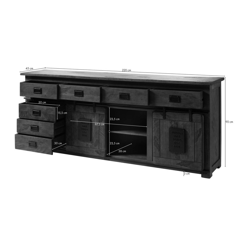 Railway 220cm Solid Wood Sideboard, Natural Varnish
