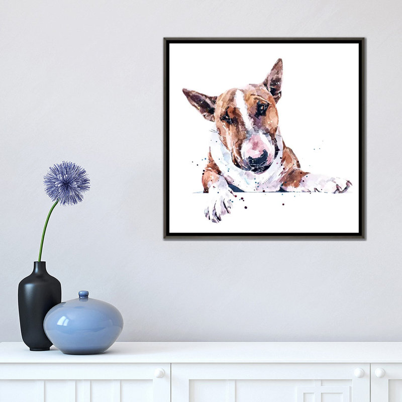 Bull terrier par Edwatercolours-impression, Pas de tapis, Toile encadrée de bois rustique foncé, H 18 po x l 18 po x 1,5 po