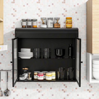 2-Door Wall-Mounted Metal Storage Cabinet with Tempered Glass Doors & Shelves for Bathroom, Kitchen, Living Room & Office