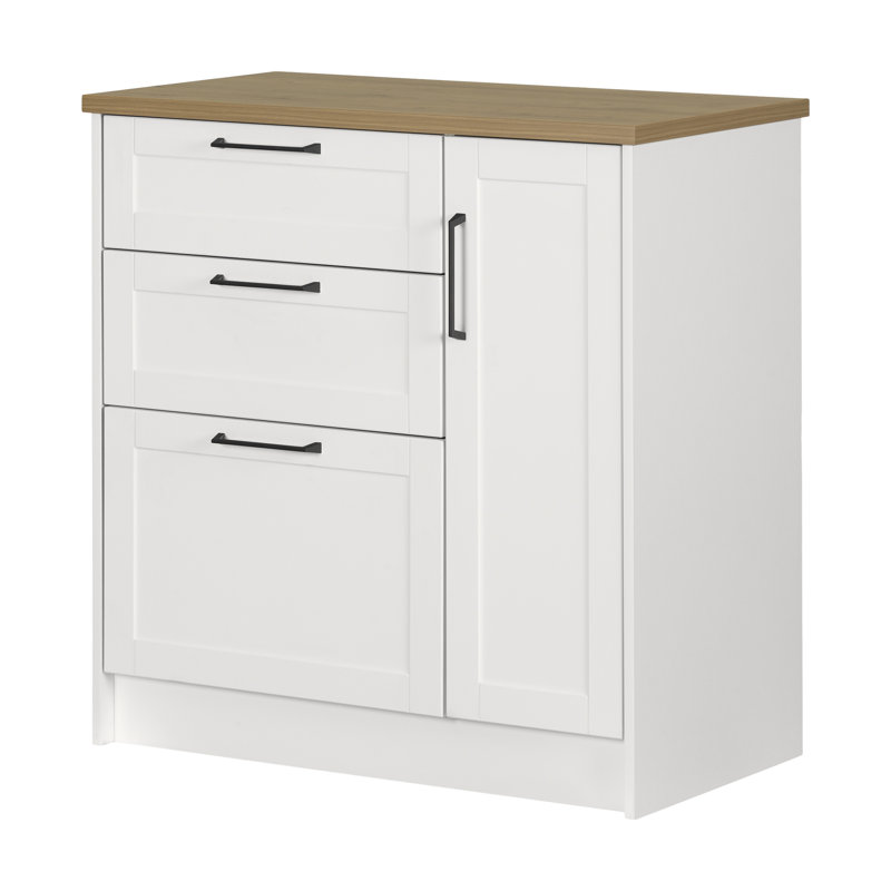 White and Maple Nutmeg Compact Kitchen Island with 3 Drawers