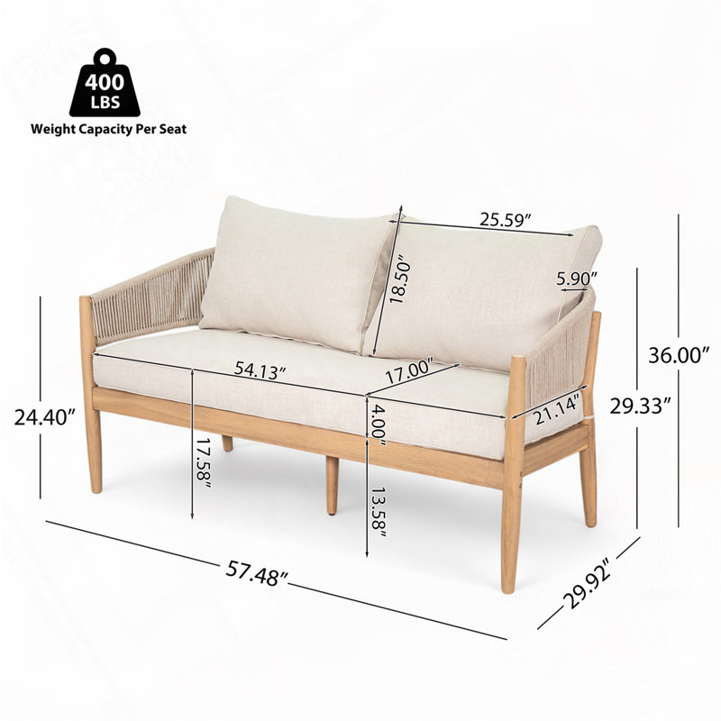 Causeuse d'extérieur en bois d'acacia de patio, Coussin beige / structure brun clair