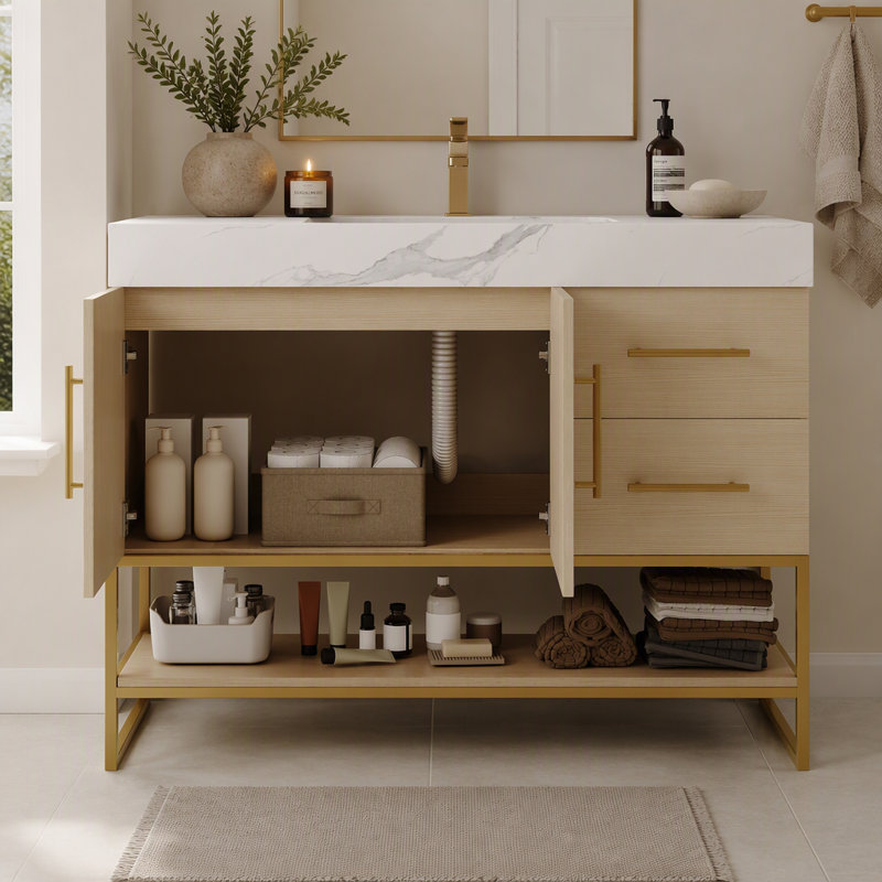  Meuble-lavabo moderne de 36 po avec lavabo, comptoir en pierre frittée et lavabo en céramique, armoire de rangement en bois imperméable avec pieds de support en acier inoxydable