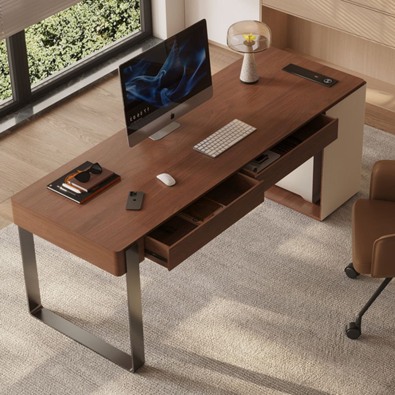 Bureau rectangulaire à 2 tiroirs brun noyer + kaki + argent manufacturé + acier inoxydable, 29.53" H x 62.99" W x 27.56" D