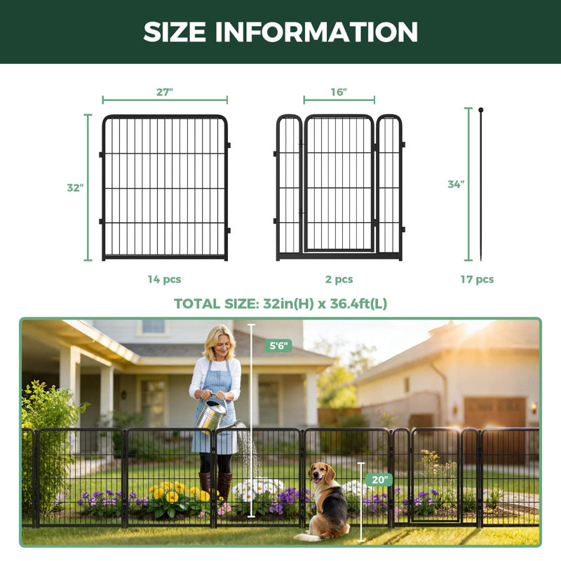 Clôture de jardin d'extérieur pour la cour de change - H 32 po x L 36,4 pi (L) barrière en métal robuste pour chien, clôture pour chien sans creusage, 16 panneaux, noir