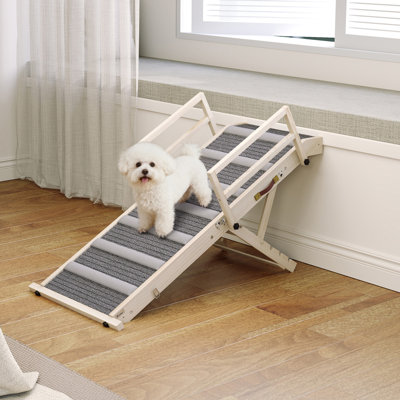 Adjustable Wooden Dog Ramp for Bed & Couch, 4 Height Settings 15" to 18.9", Folding Gentle Incline Pet Ramp with Safety Side Guardrails, Non-Slip Traction Mat for Senior, Arthritic Small to Large Dogs