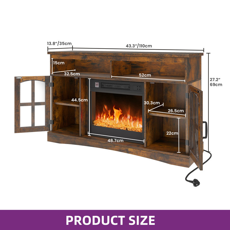 TV Stand Cabinet with 2000W Electric Fire, Suitable for TVs up to 50", 10 Flame Colours, Brown