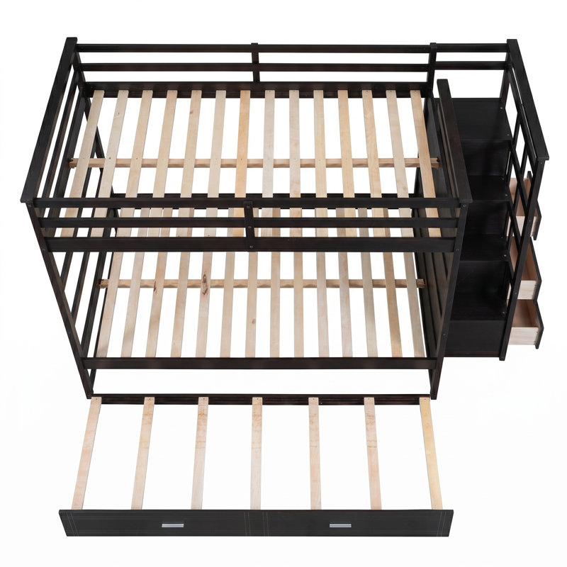  Lit superposé double avec escalier de rangement et lit gigogne simple pour la chambre à coucher - Espresso, Espresso