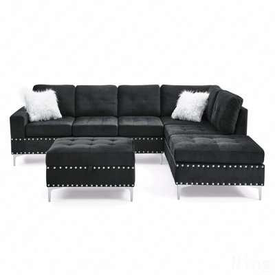 Sectional 3-Seaters Sofa ×2 With Reversible Chaise, Storage Ottoman And Cup Holders, Metal Legs And Copper Nails,Two White Villose Pillows