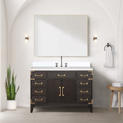 Meuble-lavabo simple en chêne brun 48 po X P 22 po D, avec plateau en marbre de culture