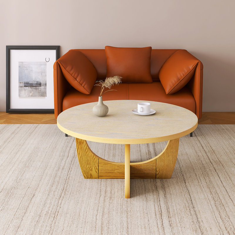 Table basse ronde en bois 36 po, Plateau en bois de chêne / base jaune