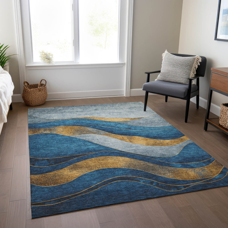 Tapis bleu intérieur / extérieur lavable à la machine Xhevrie, Rectangle 5 pi x 7 pi 6 po