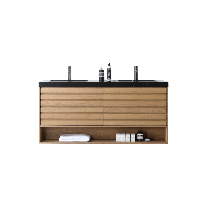 Matera 60" W Double Vanity, Pecan Oak, Black
