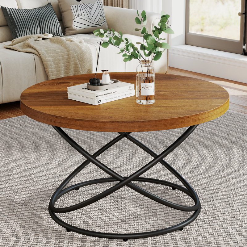 31.5" Round Coffee Table With Cross Metal Legs, Brown, Black