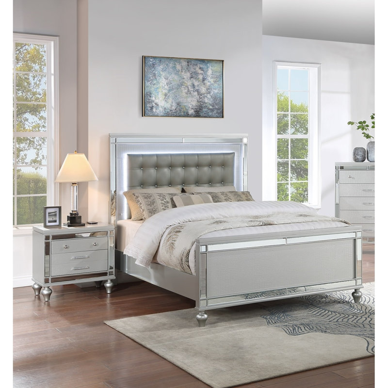 Élégant lit moderne capitonné argenté en similicuir pour grand lit 2X tables de chevet à DEL 3 pièces avec cadre de lit