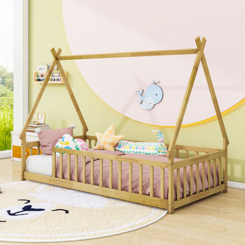 Twin Tent-Shaped Floor Bed With Guardrails, Natural