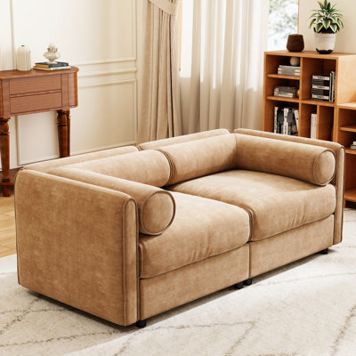 Canapé élégant en chenille camel, 2 places, rangement, dossier cylindrique et chenille confortable, agencement modulaire, montage simple, compartiment de rangement, personnalisation, sans tracas.