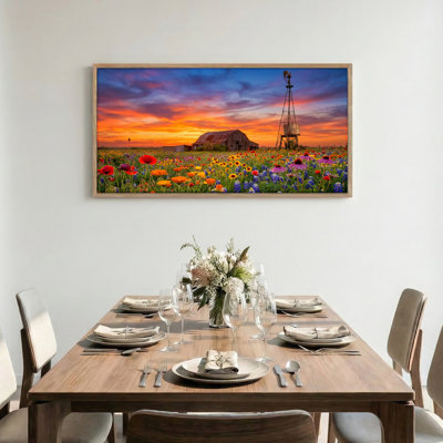 Flower Field Canvas Framed Wall Art Oil Painting Print Set Of 1，48 x 24 inch