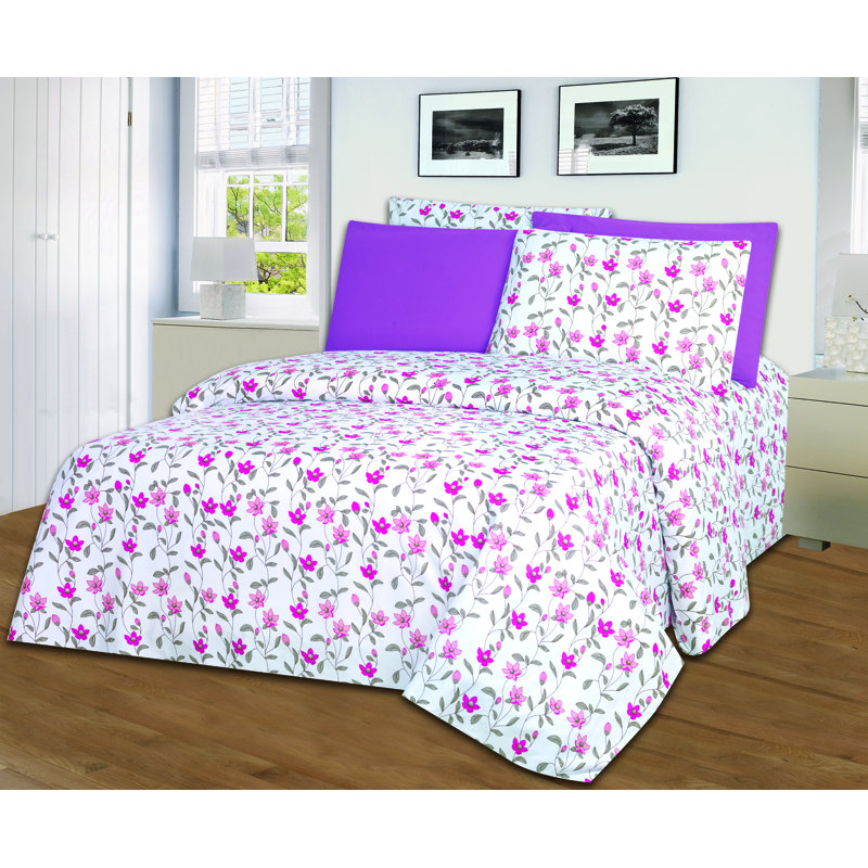 Microfiber Floral Sheet Set, King Fitted Sheet with 4 Pillowcases