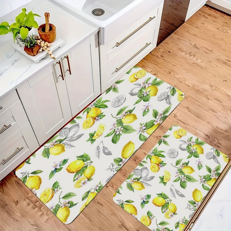Ensemble de 2 tapis de cuisine blancs à motif aquarelle et croquis citron