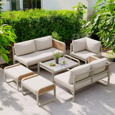 Grey Outdoor Conversation Sets Rattan Furniture Set For 6-7 People With Galvanised Iron Frame