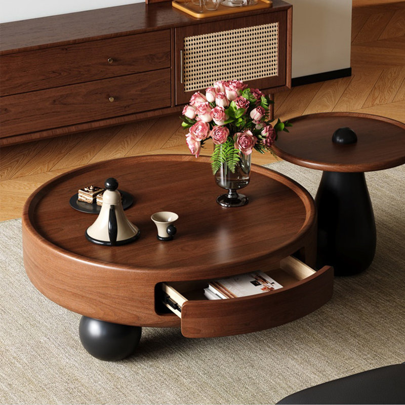 Walnut Solid + Manufactured Wood Round Coffee Table Sets, 19.69" H x 45.28" W x 31.5" D