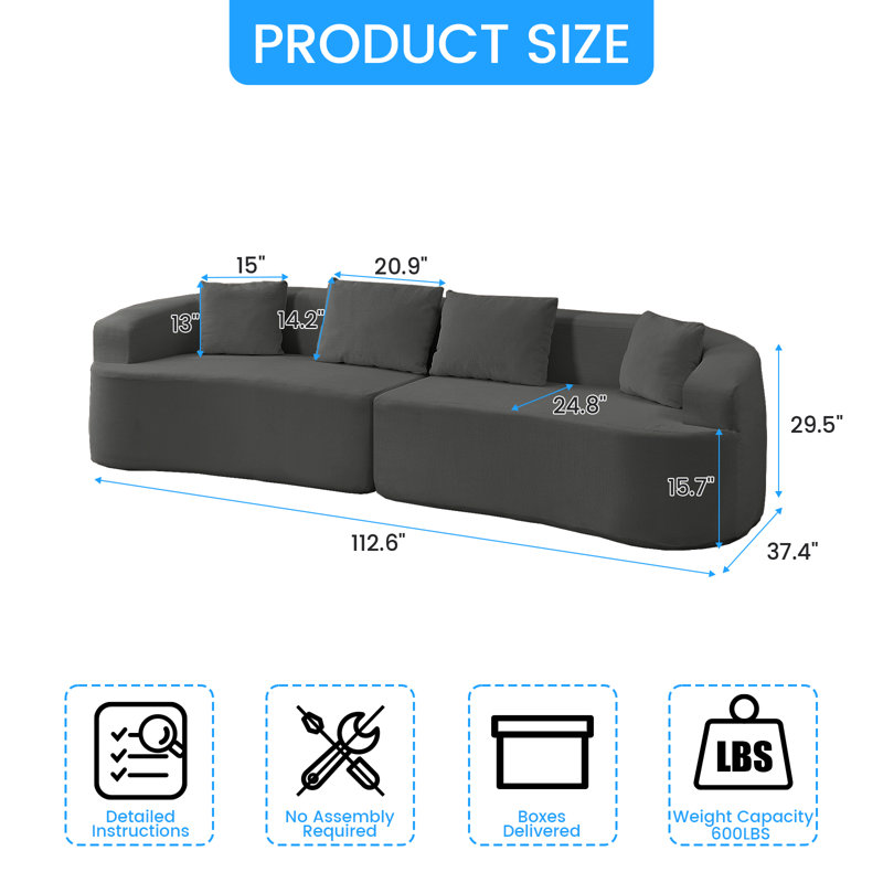 Causeuse incurvée compacte 37 po avec tissu chenille et 4 coussins, Gris foncé