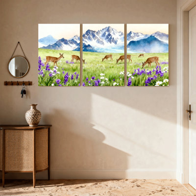 «Landscape & Nature Deer Meadow Flowers Mountains Reflection Landscape», ensemble de 3 impressions sur toile