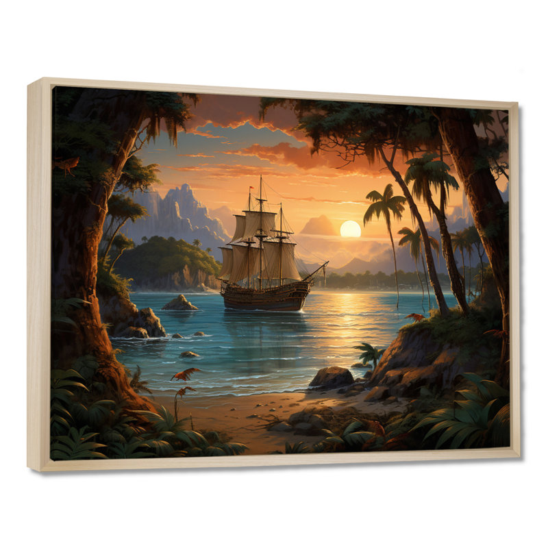 Pirate Boat Lost Isles On Canvas Print, 30" H x 40" W x 1.5" D, Maple Floater Framed