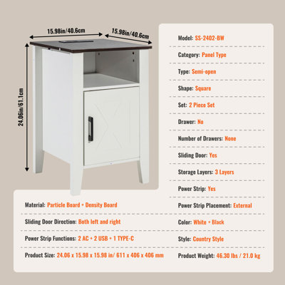 Ensemble de 2 tables d'appoint de style ferme, table de chevet avec station de recharge, table d'appoint à 3 niveaux avec rangement, table d'appoint avec ports USB et prises électriques, chambre, bureau, blanc, idéal pour le salon