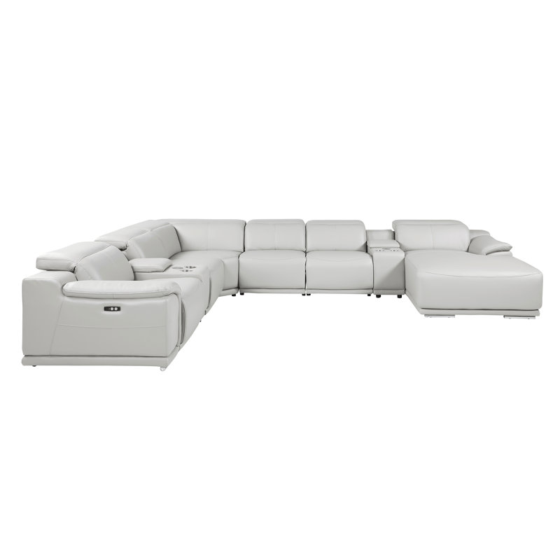 Canapé modulaire en L en cuir véritable 8 pièces faisant face à droite gris clair avec 2 fauteuils inclinables électriques et appuis-tête réglables