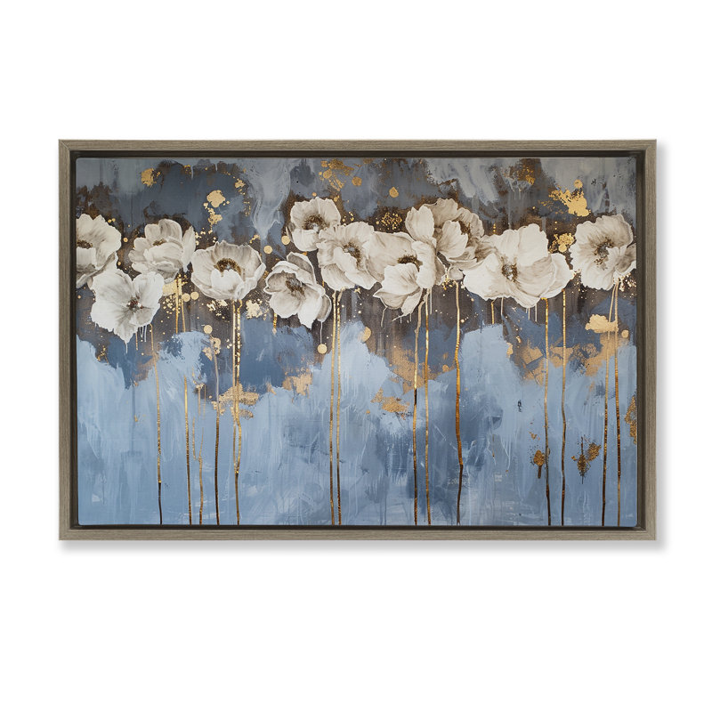 Toile flottante encadrée «Drip Pe pivoines» par LSR Design Studio, H 17 po x l 25 po, Cadre flottant orme Montalcino