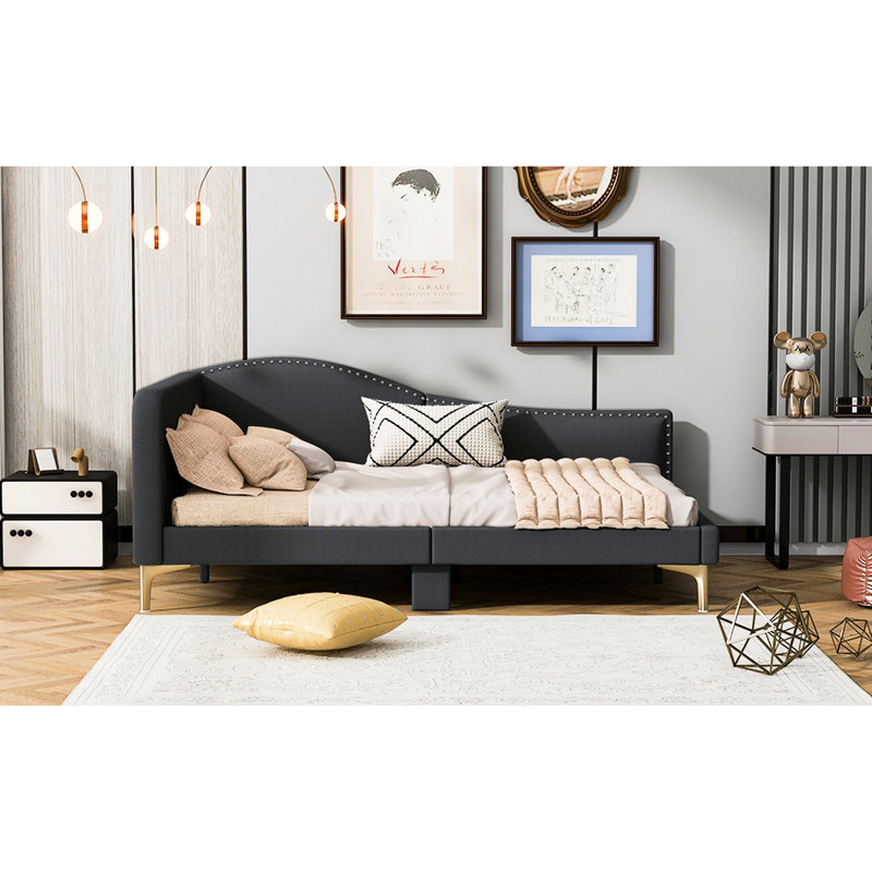 Lit de jour rembourré gris avec lit double, tête de lit, accoudoirs et pieds de soutien ferme - Taille confortable de la base de repos et confort à long terme