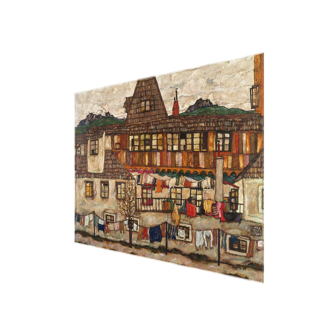 Glasbild Haus mit trocknender Wäsche von Egon Schiele