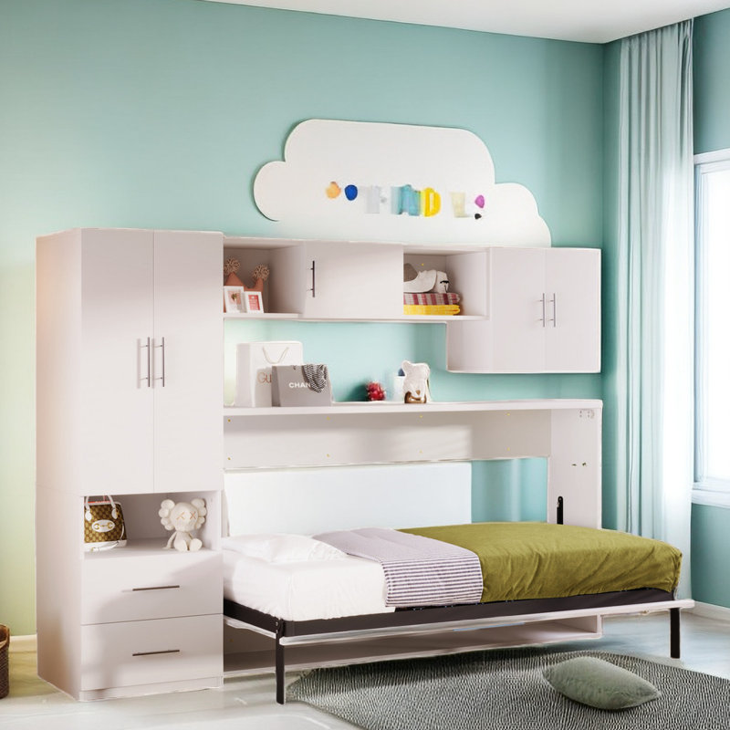 Murphy Bed With Open Shelves, Storage Drawers, Built-in Wardrobe And Table