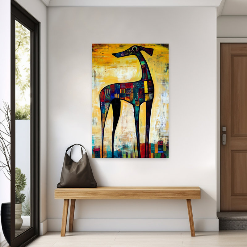 «Vibrant Patchwork Dog», impression d'art moderne et coloré, 60" H x 40" W