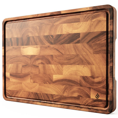 Planche à découper en bois d'acacia massif de 43 cm (17 pouces) avec pattes antidérapantes, motif à damier, rigole à jus et poignée, grand bloc de boucher en bois avec coffret cadeau.