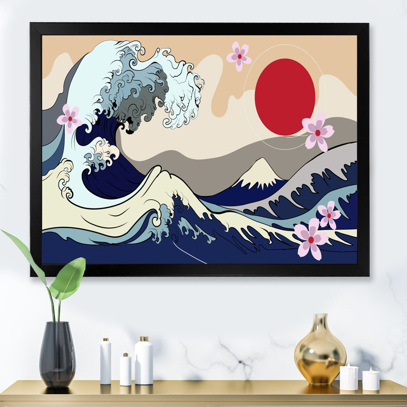 Traditionnel japonais, lune rouge et vagues - reproduction d'art sur toile traditionnelle, Cadre d'angle fermé noir