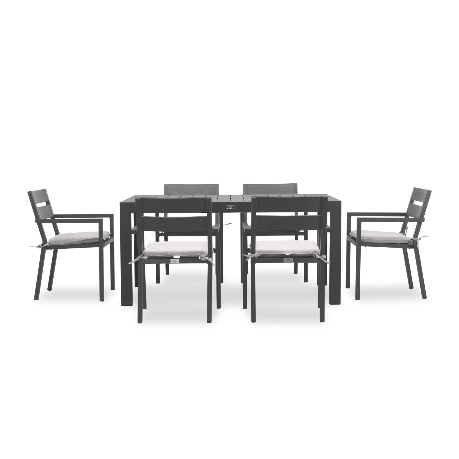 Eartha 63'' Rectangular 6 - Person Outdoor Dining Set with Cushions, Cast Silver Sunbrella®, Slate