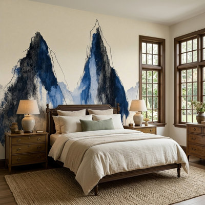 Fresque murale abstraite de montagne, lavis d'encre bleu indigo, art mural de paysage moderne