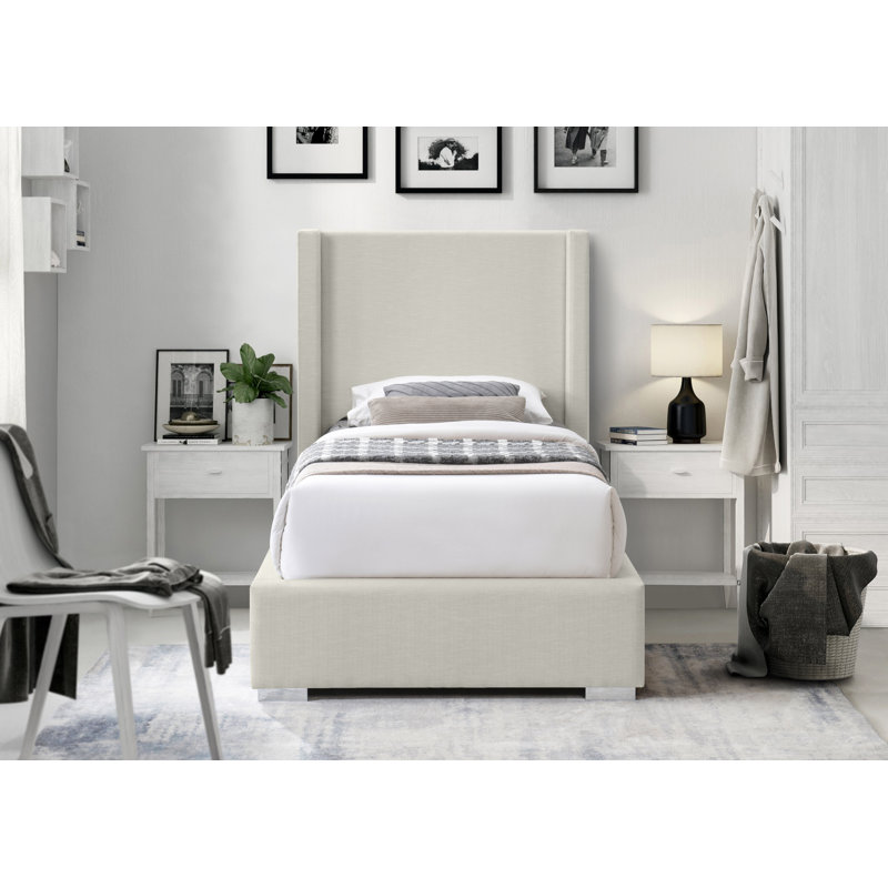 Lit plateforme tapissier Royce, Simple, Tissu texturé en lin beige