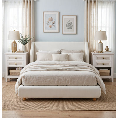 Ensemble de chambre à coucher de style campagnard 3 pièces comprenant 1 lit Queen capitonné bouclé et 2 tables de chevet avec 2 tiroirs décoratifs en rotin