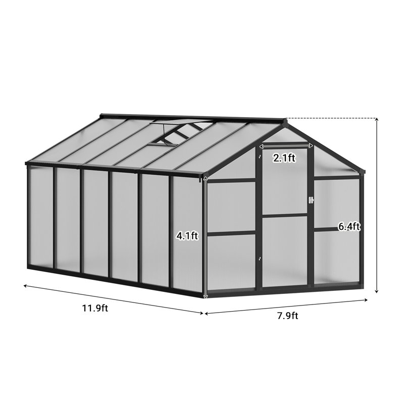 Serre 8 x 12 x 6,5 pi pour l'extérieur, serre en polycarbonate avec structure d'installation rapide et évent de toit