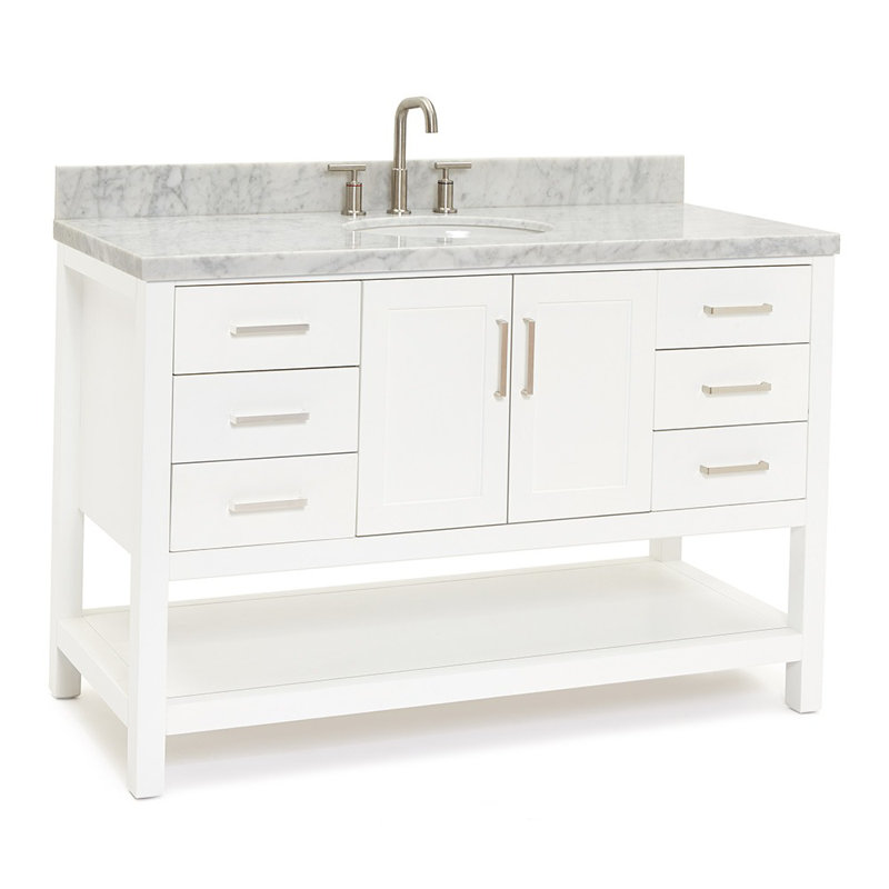 Meuble-lavabo simple 55 po blanc Magnolia, avec comptoir en marbre de Carrare italien de 1,5 po et lavabo ovale, Blanc, Oval