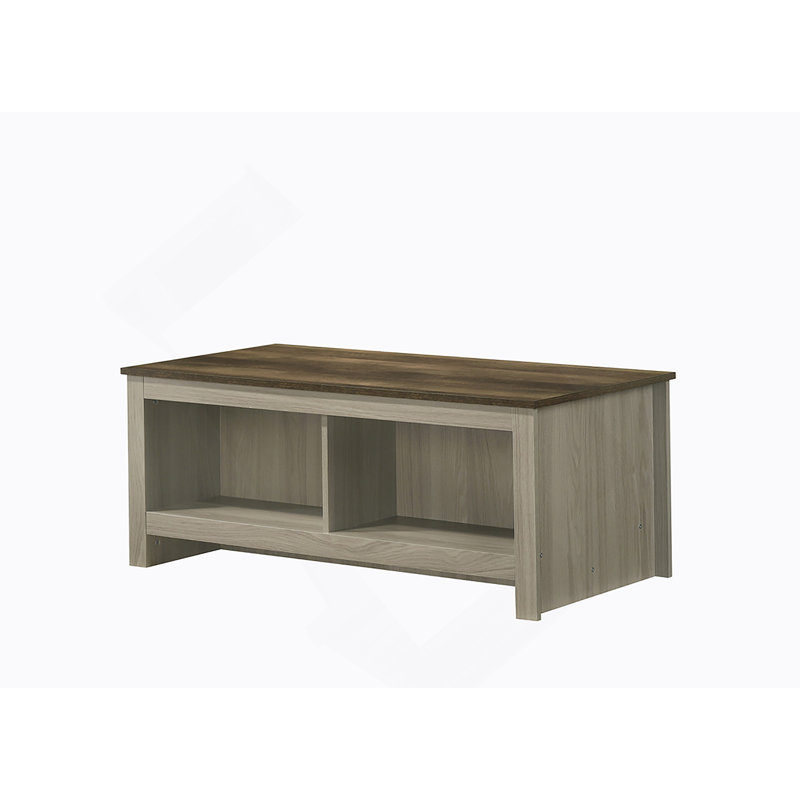 Table basse en chêne gris de 43 po avec tablettes ouvertes à l'avant et à l'arrière