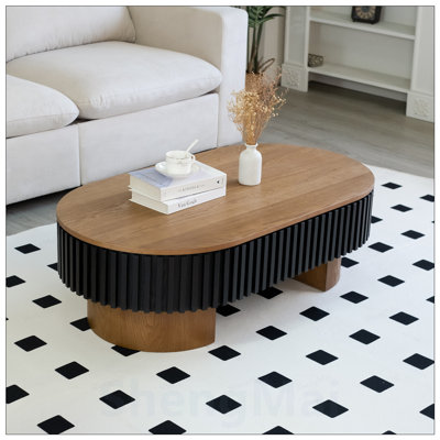 Table basse de salon elliptique avec rangement caché et plateau amovible, placage en bois massif de conception moderne