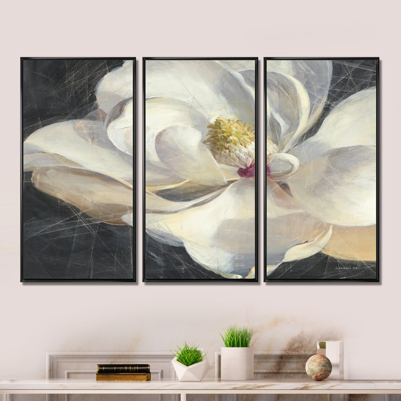 «Vivid White Magnolia IV - Shabby Elegance», ensemble de 3 toiles encadrées, Noir, H 28 po x l 36 po x P 1 po
