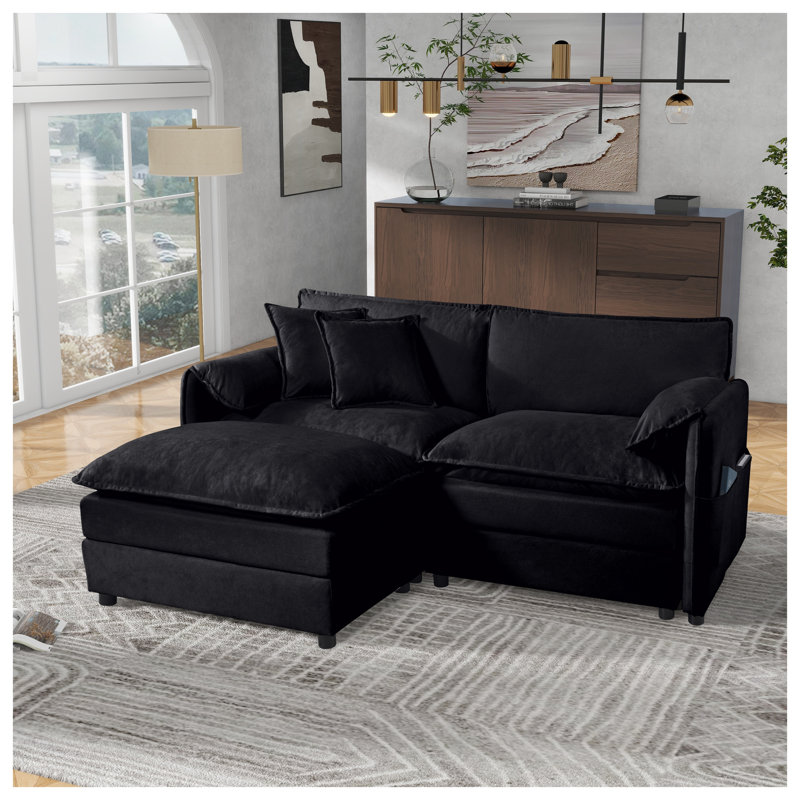 Canapé modulaire à assise profonde en chenille moderne avec repose-pieds - canapé en forme de L noir pour salon et appartement