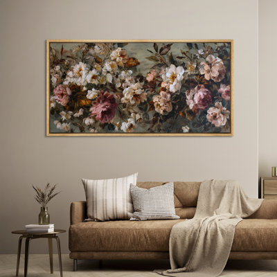 Vintage Rose Garden Blooming Floral Arrangement in Warm Romantic Tones - Large Framed Canvas Master Bedroom Wall Art Print