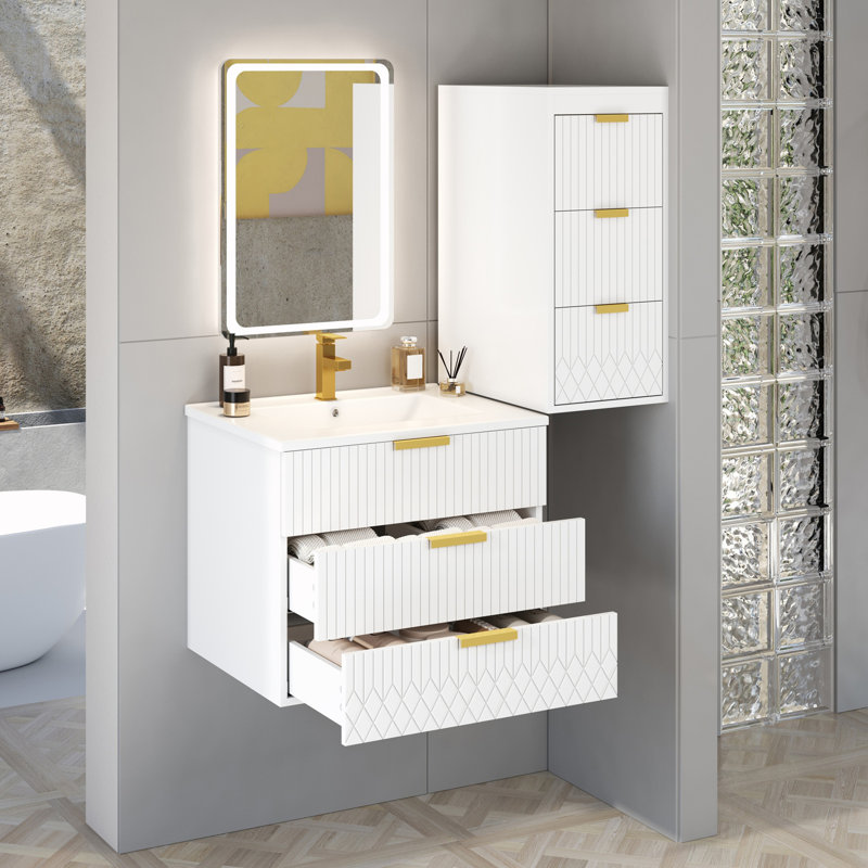 Armoire de salle de bain murale avec armoire latérale et tiroirs, Blanc